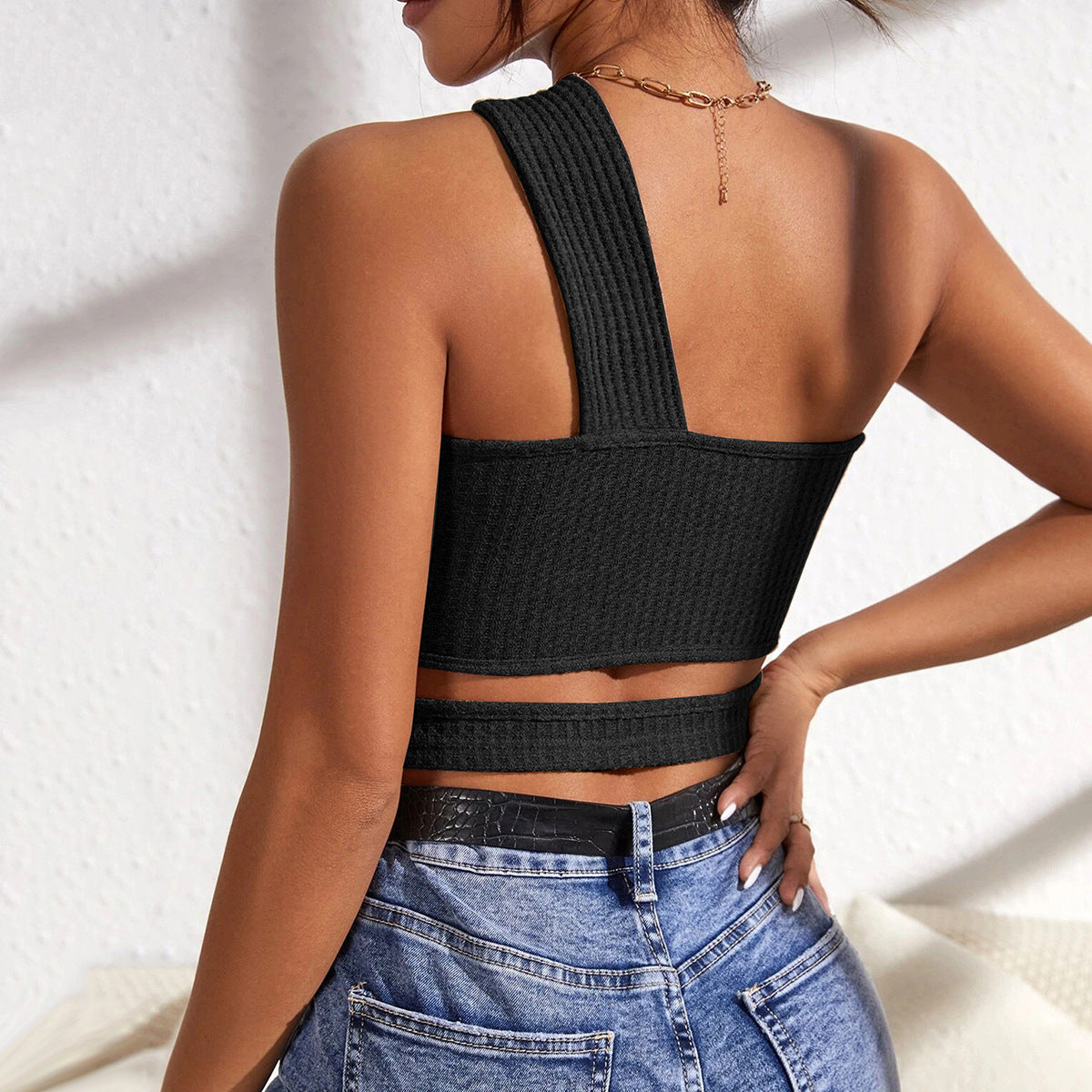 One-Shoulder Ribbed Cutout Crop Top