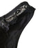 Detail shot of black lace trim and fabric edge showing delicate scalloped design
