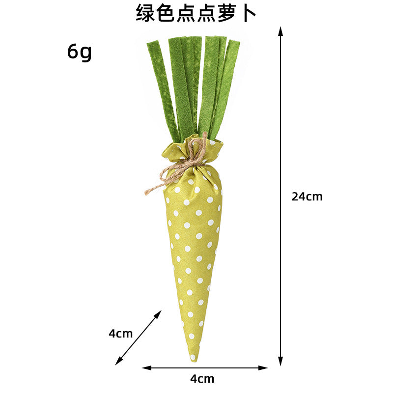 A green polka dot fabric carrot with green felt leaves, measuring 24cm in length and 4cm in width, weighing 6g.
These alt texts are within 125 characters, a