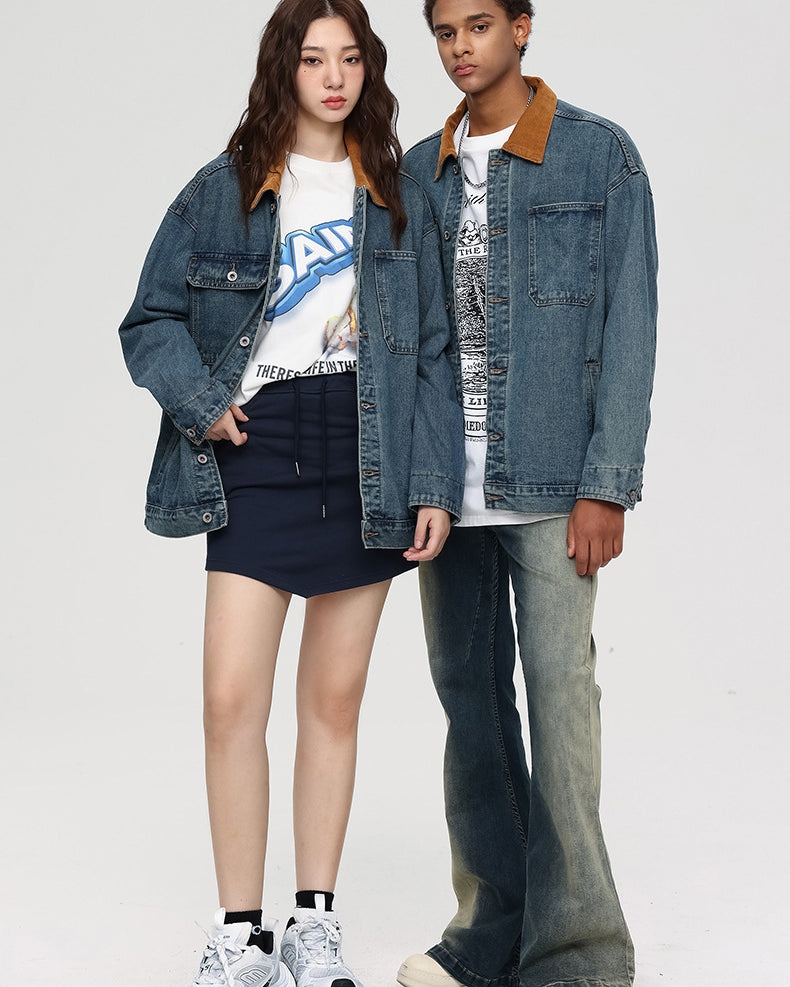Front view of male and female models in matching oversized denim jackets with brown collars and graphic tees