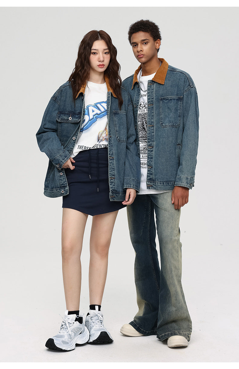 Front view of male and female models in matching oversized denim jackets with brown collars and graphic tees