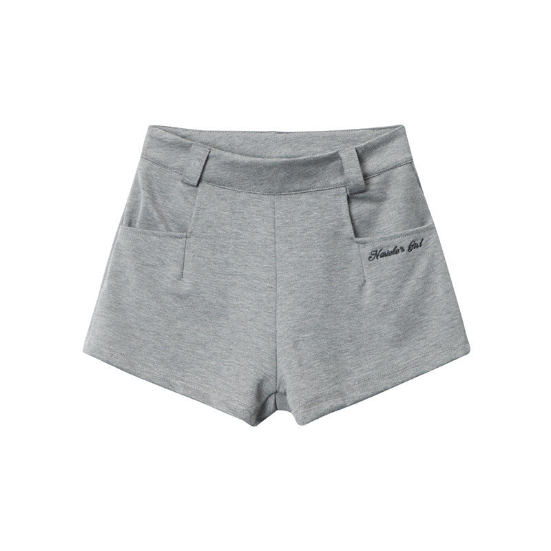 Gray cotton shorts with logo detail and tailored fit in flat lay display