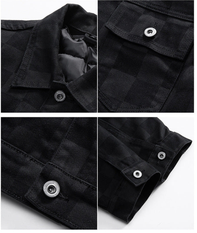 Detail shots of black checkered jacket showing collar, pocket, fabric texture and sleeve cuff with metal button closures