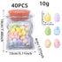 A transparent jar-shaped bag with pastel-colored, lightly speckled eggs. Dimensions: 19cm/7.48in height, 13cm/5.11in width, 4cm/1.57in depth. Eggs: 2.5cm/0.98in x 1.5cm/0.59in.