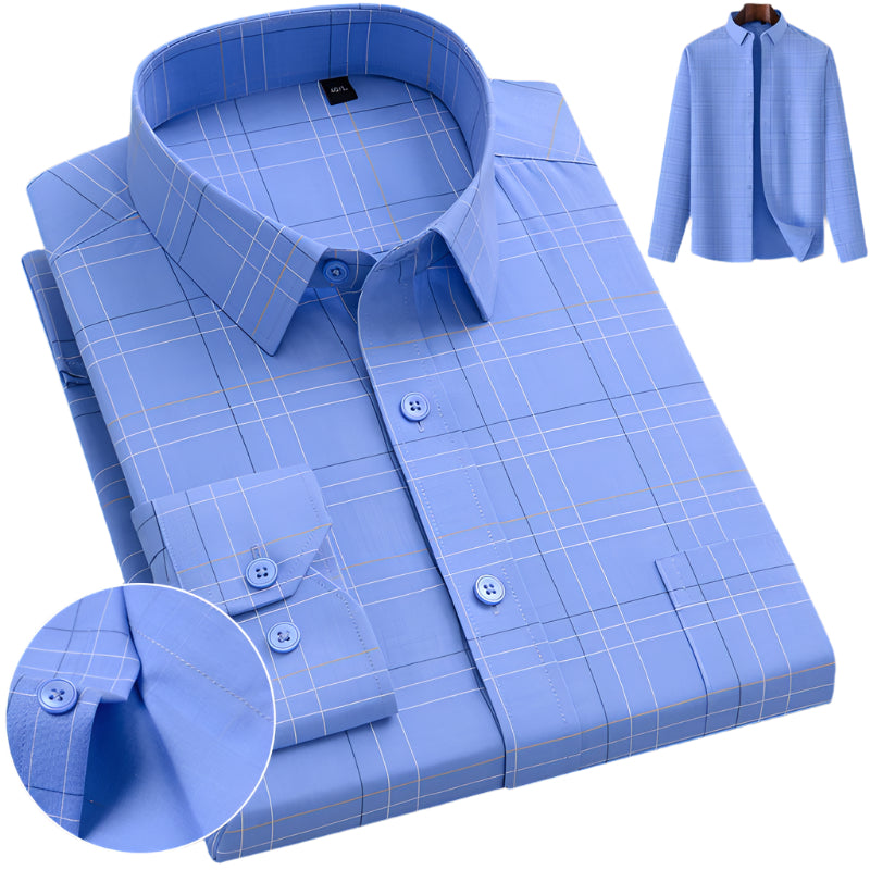 Light blue dress shirt with subtle windowpane check pattern. Inset shows button detail and full shirt displayed on wooden hanger against white background