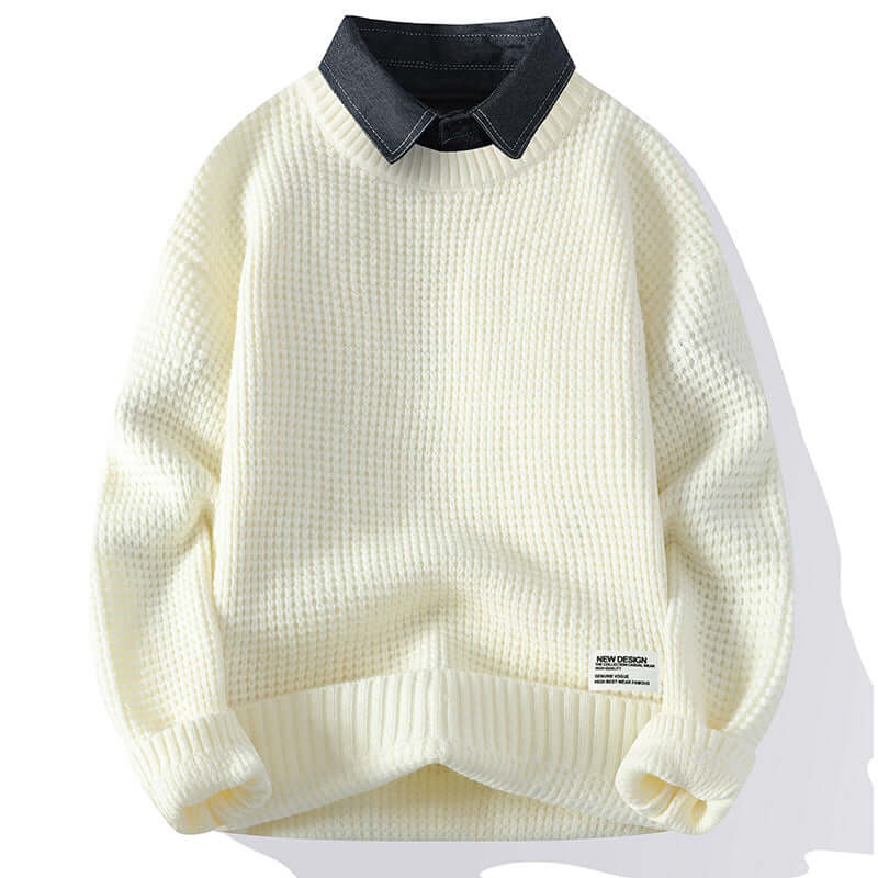 Cream waffle-knit sweater with black collar accent