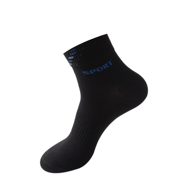Black ankle sock with blue "SPORT" branding, displayed on an invisible foot form