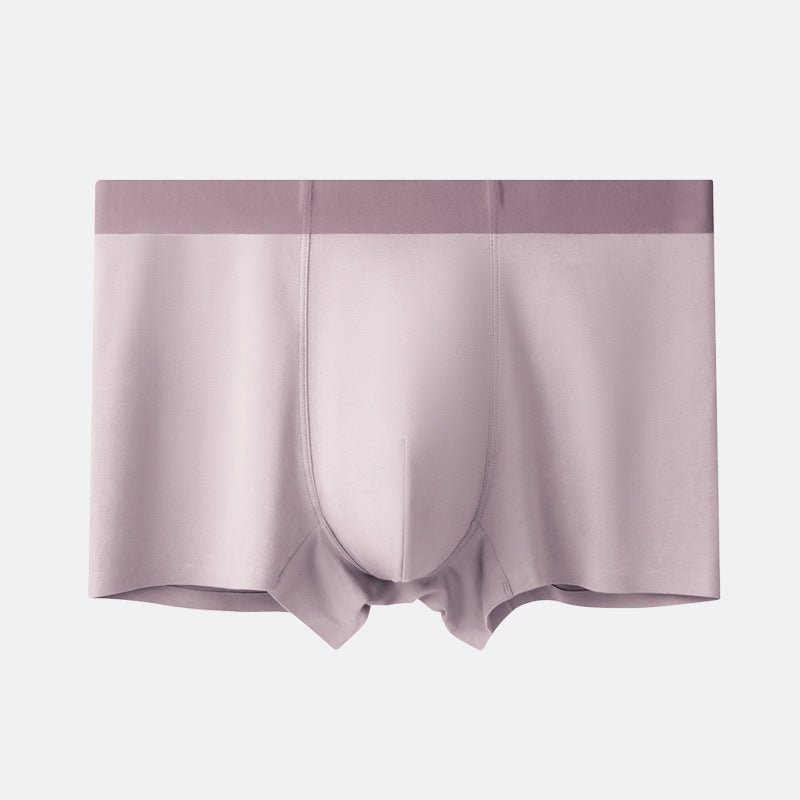 Soft lavender men's boxer briefs with centered pouch, delicate fabric, and dark waistband