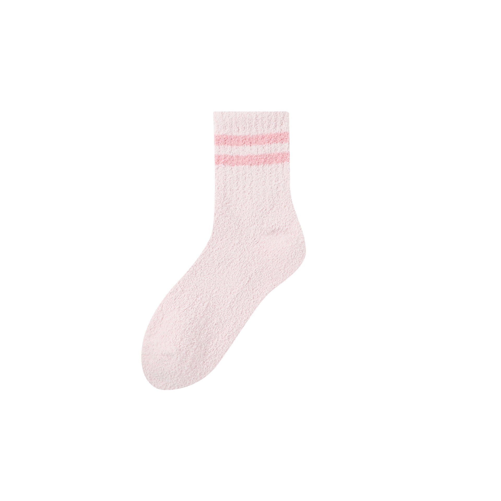 Light pink crew sock with matching pink double stripes, plush texture