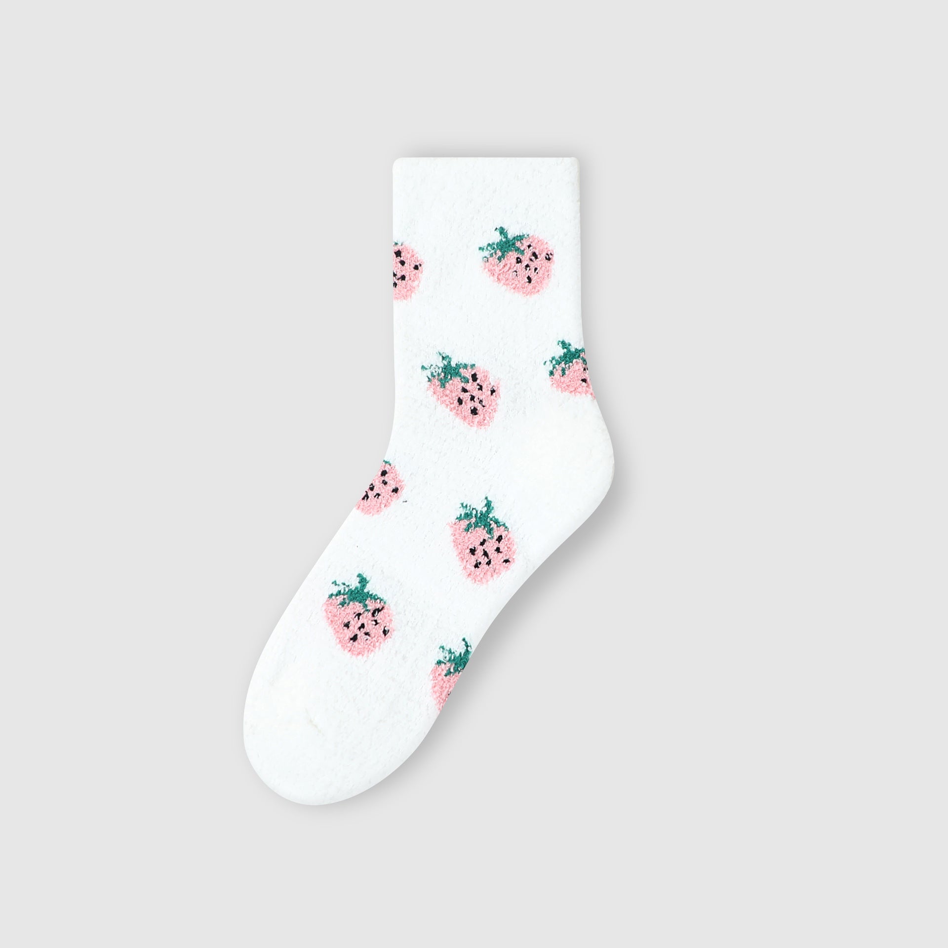 White fuzzy sock with pink strawberry and green leaf pattern against white background