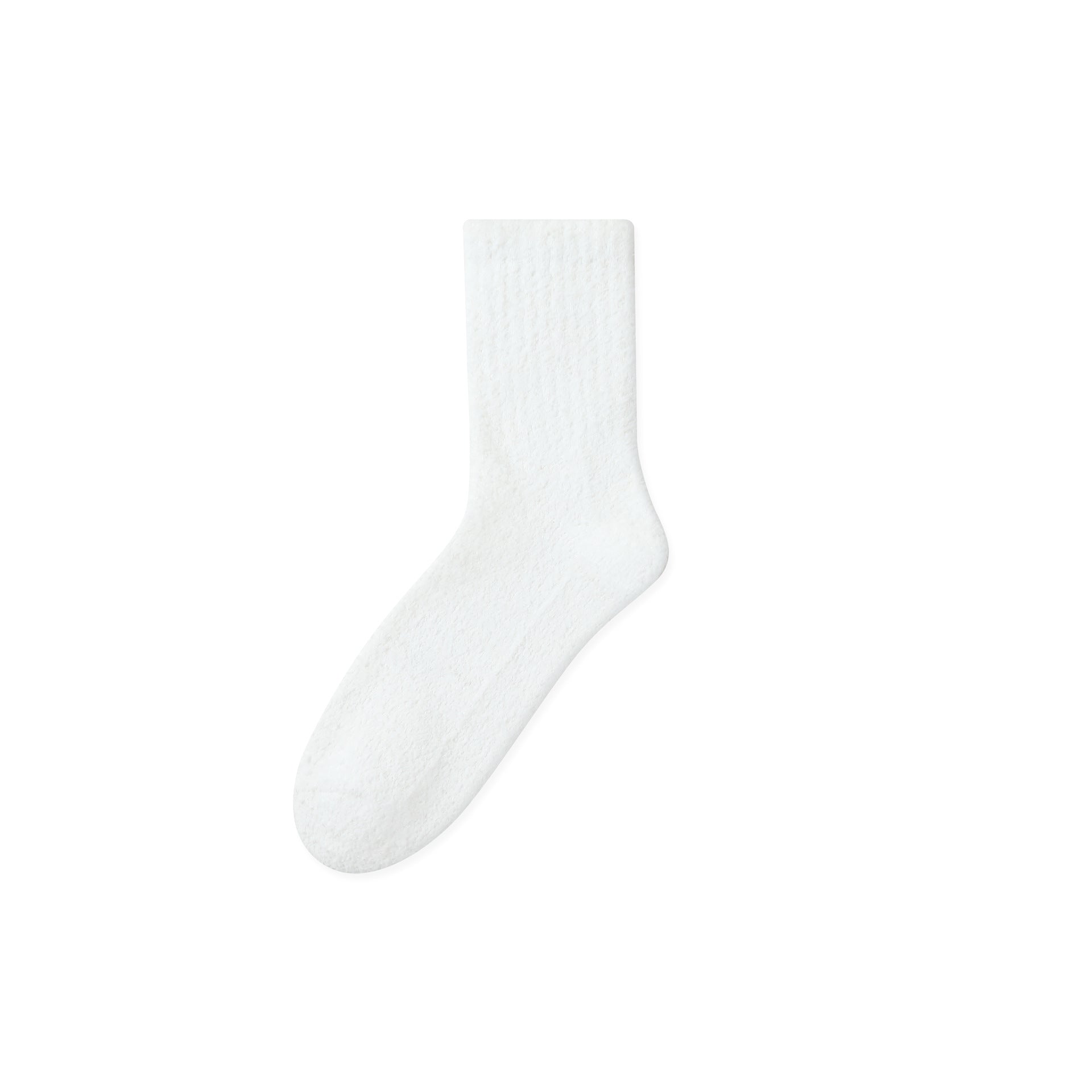 White sock with a fluffy, textured knit fabric, shown against a white background