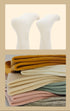 Two white sock heels shown at top, with stacked folded socks in camel, cream, mint green, and lilac shades displayed below against beige background