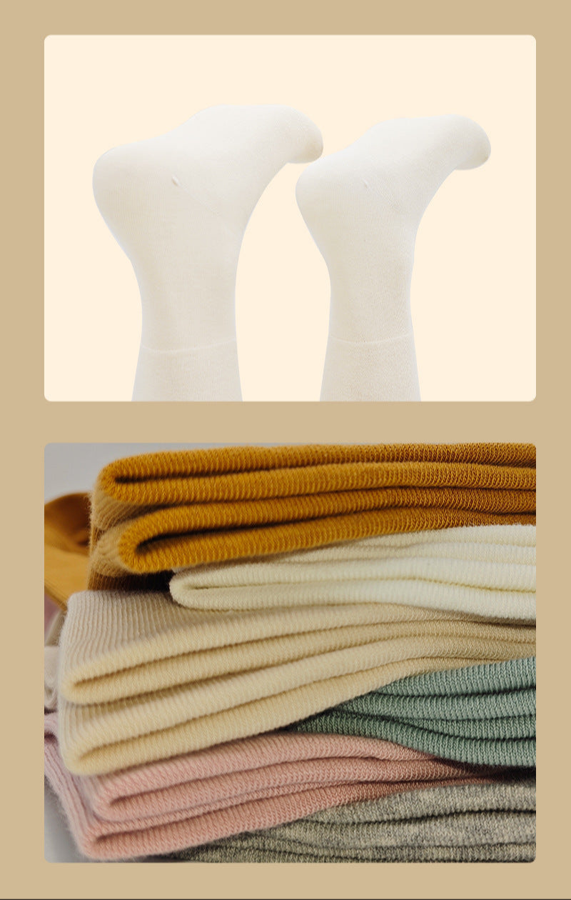 Two white sock heels shown at top, with stacked folded socks in camel, cream, mint green, and lilac shades displayed below against beige background