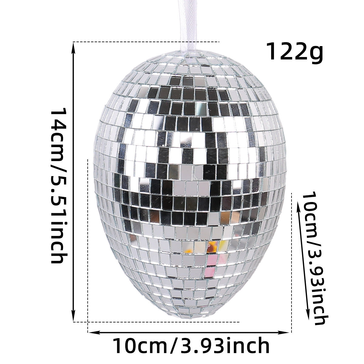  A silver mirrored disco Easter egg with a shiny reflective surface, dimensions: 14cm x 10cm, weight: 122g.