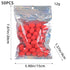 A clear ziplock bag containing 50 bright red mini eggs, with labeled dimensions and weight (12g).