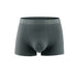 Dark green boxer briefs with gray waistband on white background. Streamlined silhouette with vertical ribbed texture
