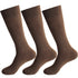 Three pairs of medium brown dress socks with ribbed cuffs displayed against white background