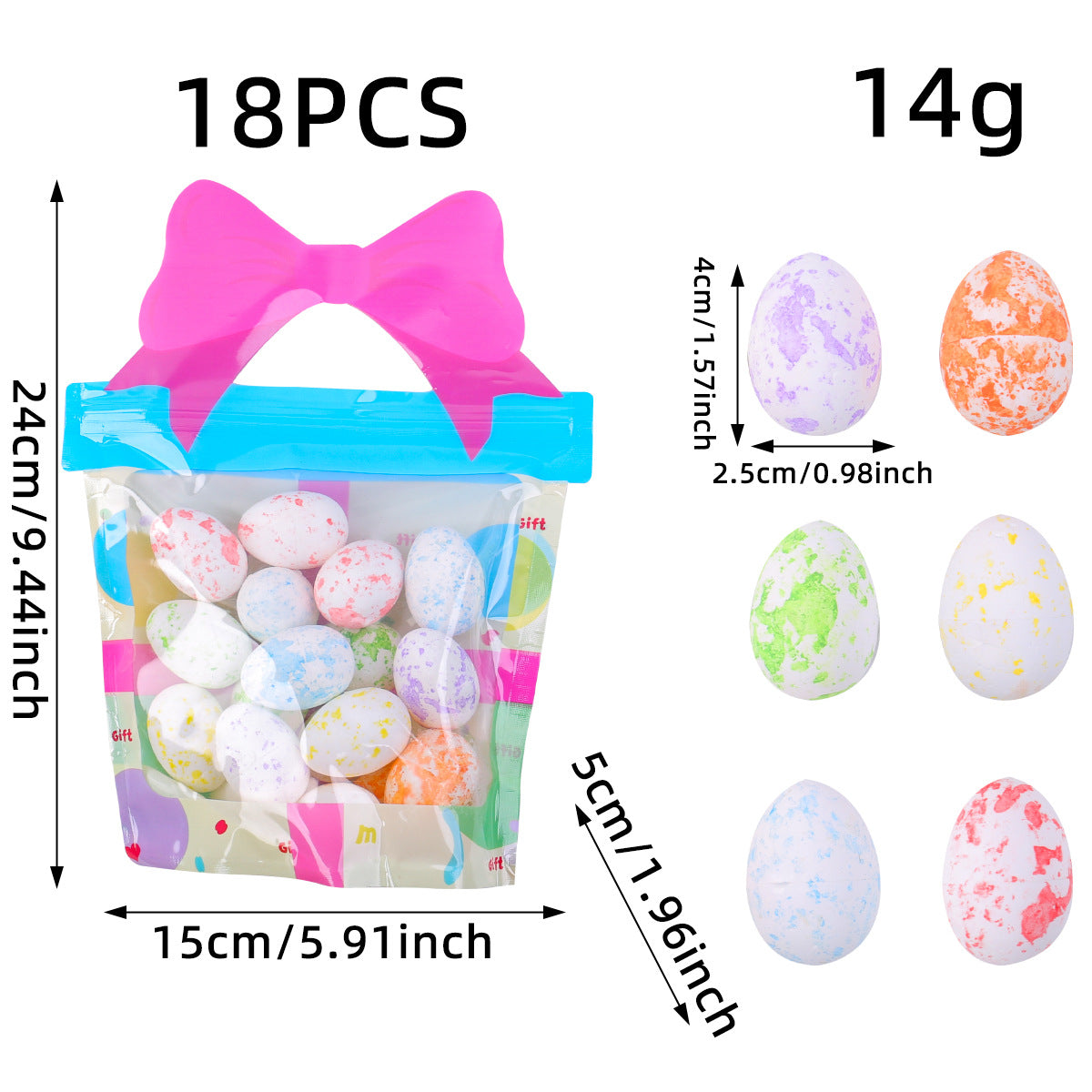 A resealable bag with 18 speckled Easter eggs in white, orange, and pastel shades, labeled with size and weight information.