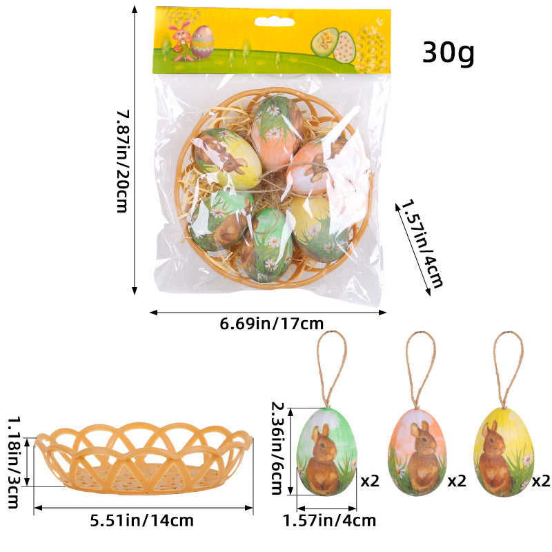 Packaged Easter egg set with earthy-toned hanging eggs featuring rabbit illustrations, perfect for rustic holiday decorations.