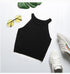 Black ribbed halter crop top flatlay with yellow-tinted sunglasses and rainbow accent sneakers