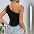 Back view of asymmetrical black top, highlighting single-shoulder silhouette