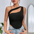 One-shoulder black top with strategic cutout, paired with distressed denim shorts