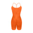 Back view of orange athletic bodysuit showing T-strap design and seamless construction on white background