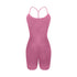 Mauve pink athletic bodysuit with T-strap back design and ruched detail displayed on white background