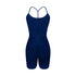 Navy blue performance bodysuit with spaghetti straps and T-back design shown on white background
