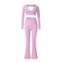 Lilac long sleeve V-neck workout set with crop top and high-waisted leggings against white background