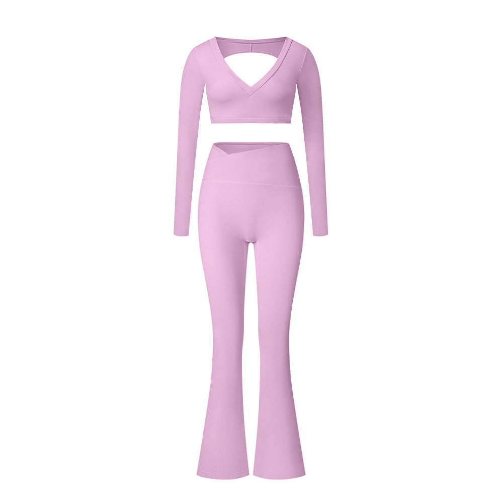 Lilac long sleeve V-neck workout set with crop top and high-waisted leggings against white background