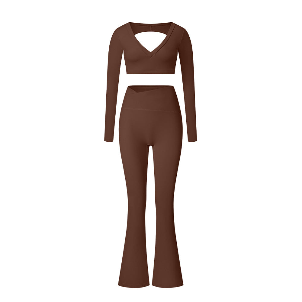 Brown V-neck long sleeve crop top and high-waisted leggings set with angular waistband detail