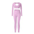 Lilac workout set with V-neck long sleeve crop top and high-waisted leggings on white background