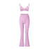 Lilac strappy triangle bralette with matching high-waisted flared yoga pants on white background