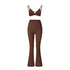 Brown strappy triangle bralette top with matching high-waisted flared yoga pants on white background