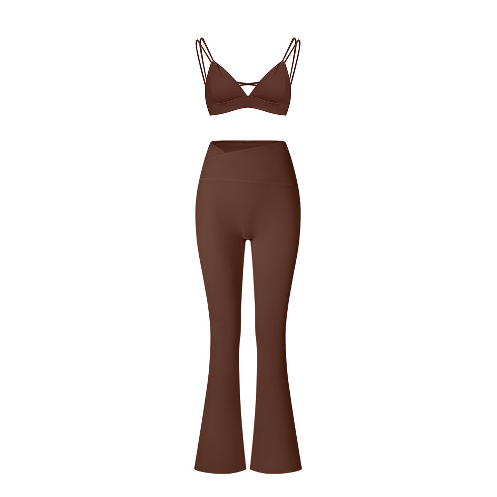 Brown strappy triangle bralette top with matching high-waisted flared yoga pants on white background