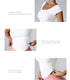 Product features showing white top with U-shaped neckline, wide shoulder straps, and cross-hollowed design elements