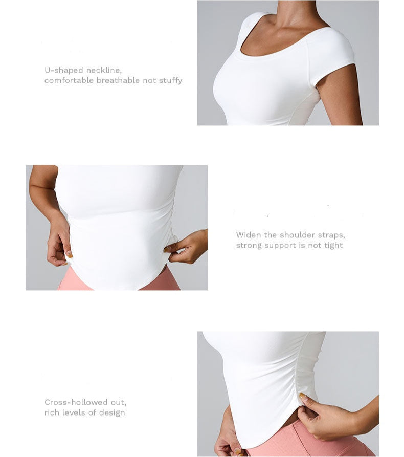 Product features showing white top with U-shaped neckline, wide shoulder straps, and cross-hollowed design elements