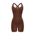 Chocolate brown cross-back bodysuit with sweetheart neckline and bike short length displayed against white background