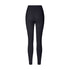 Black high-waisted athletic leggings shown from behind with contoured seam details, photographed against a white background