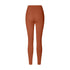 Terracotta high-waisted athletic leggings with curved back seams, photographed from behind against a white background
