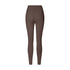 Dark brown high-waisted athletic leggings with contoured seams, shown from behind against a white background
