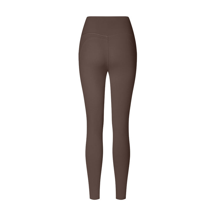 Dark brown high-waisted athletic leggings with contoured seams, shown from behind against a white background