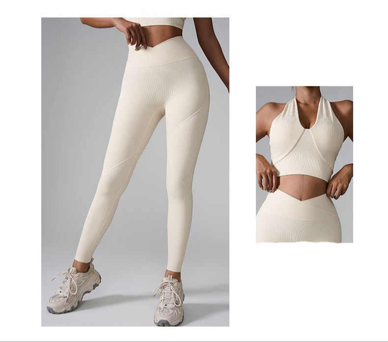 Product images showing cream ribbed workout set with leggings and halter top on gray background