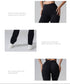 Product feature images showing yoga pants' fit, anti-curling hem design, and soft fabric texture against gray background