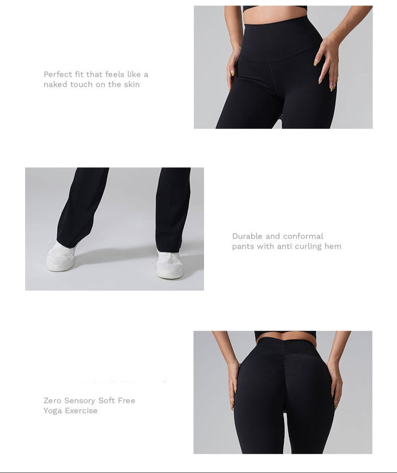 Product feature images showing yoga pants' fit, anti-curling hem design, and soft fabric texture against gray background