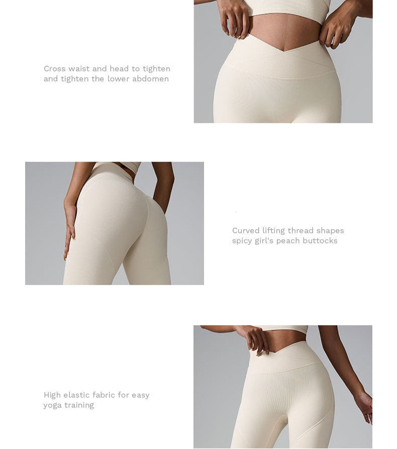Feature images showing cream leggings with tummy control waistband and body-sculpting design benefits