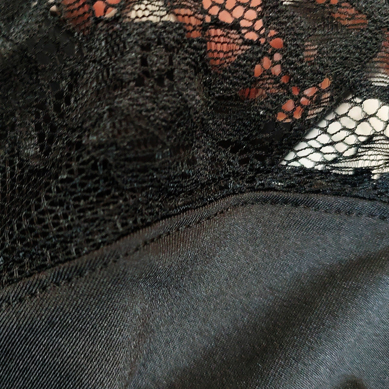Close-up detail of black lace fabric showing intricate floral pattern and mesh texture