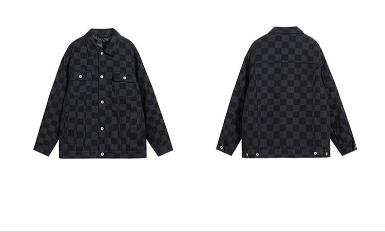 Product layout showing front and back views of black checkered denim jacket with button closures against white background