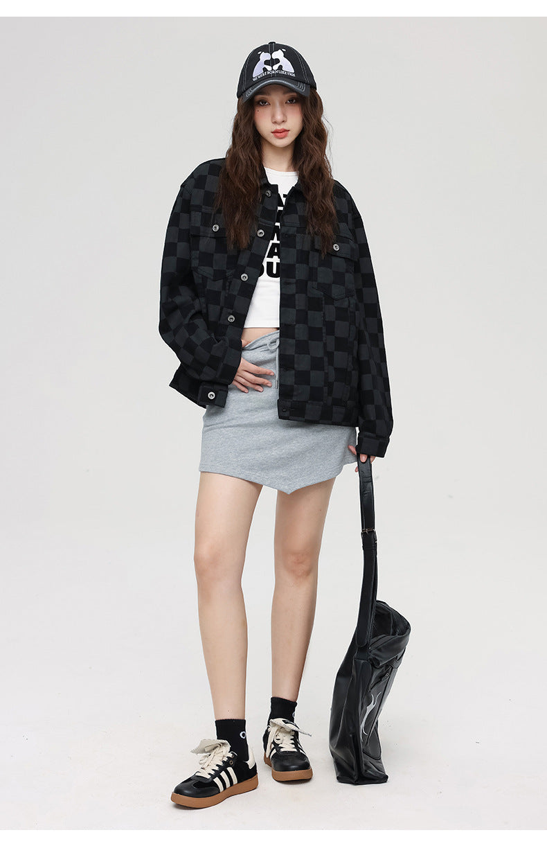 Oversized checkered jacket with baseball cap and grey mini skirt, street style